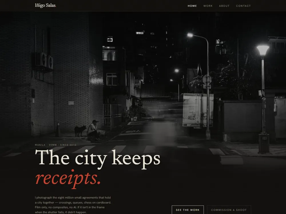 The Iñigo Salas homepage: a dark night-street photograph under the headline "The city keeps receipts." with a red accent on a near-black page.