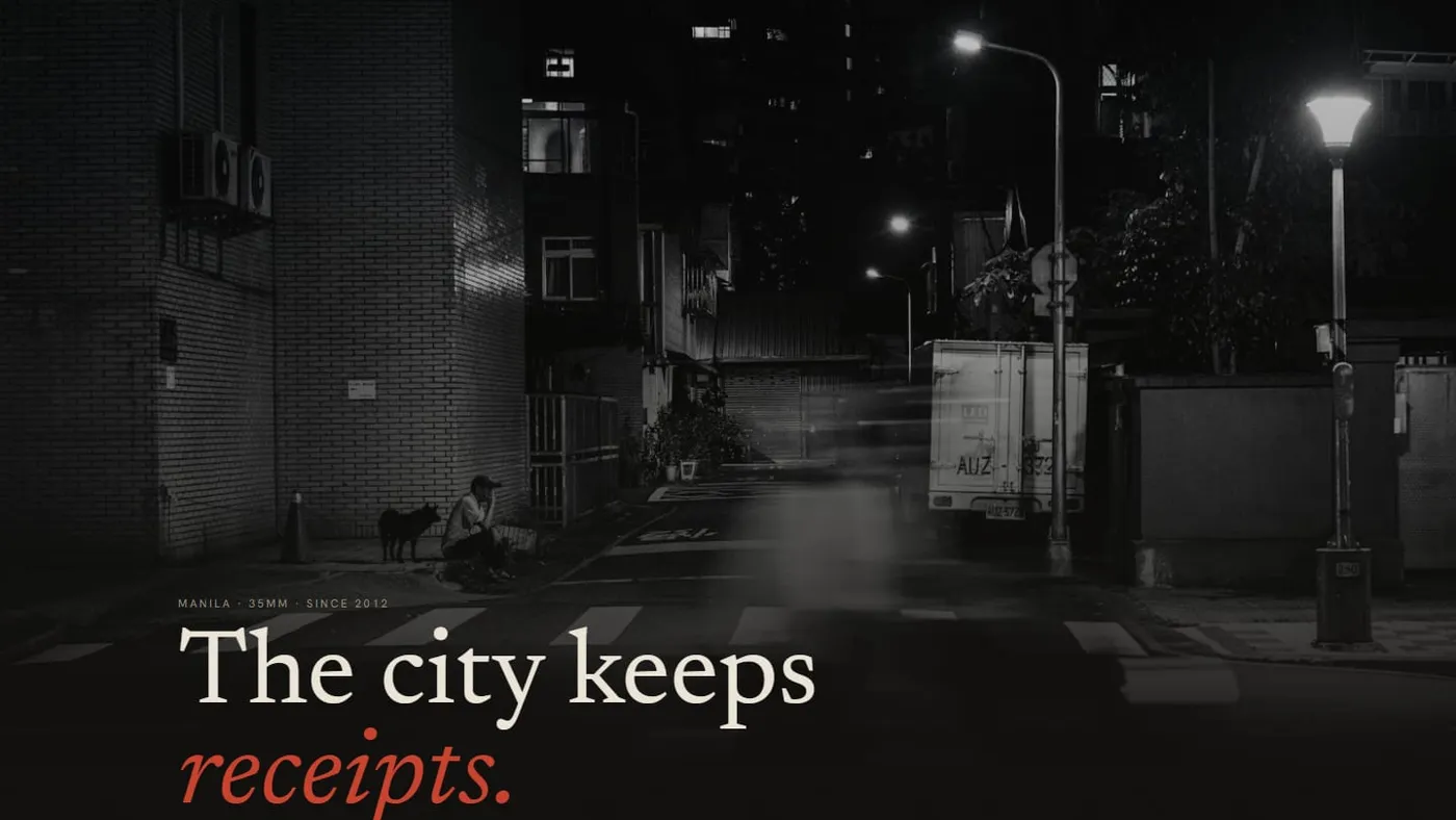 The Iñigo Salas homepage: a dark night-street photograph under the headline "The city keeps receipts." with a red accent on a near-black page.
