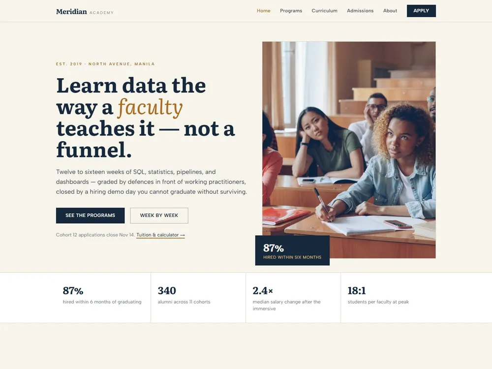 The Meridian Academy homepage: students working beside the headline "Learn data the way a faculty teaches it — not a funnel." above a stat band.