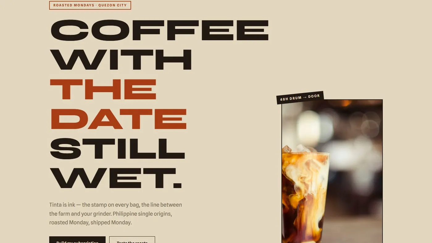 The Tinta homepage: a stamped headline "Coffee with the date still wet." beside a glass of iced coffee on a kraft-paper layout.