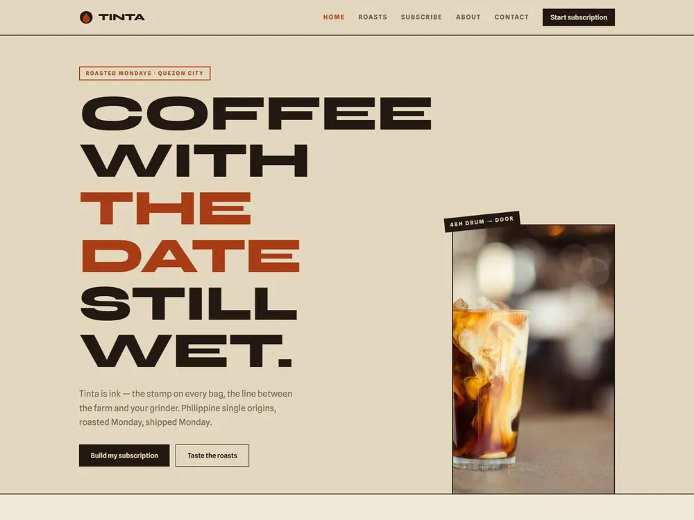 The Tinta homepage: a stamped headline "Coffee with the date still wet." beside a glass of iced coffee on a kraft-paper layout.