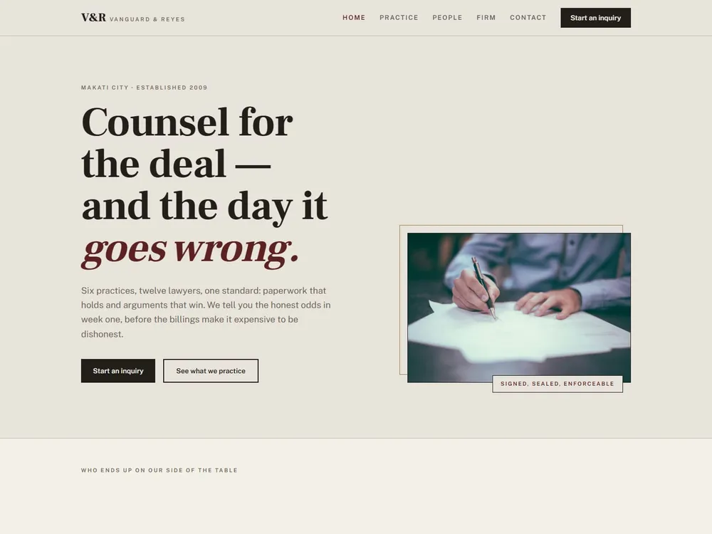 The Vanguard & Reyes homepage: the headline "Counsel for the deal — and the day it goes wrong." beside a photograph of hands signing a document.