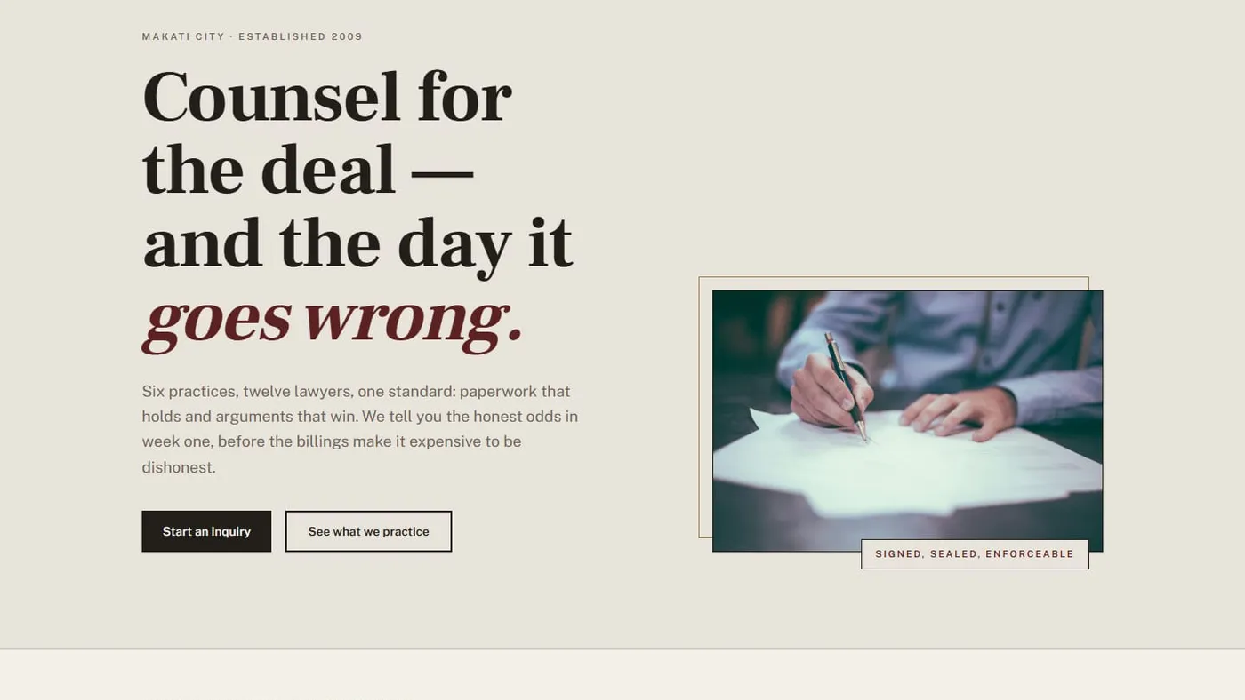 The Vanguard & Reyes homepage: the headline "Counsel for the deal — and the day it goes wrong." beside a photograph of hands signing a document.