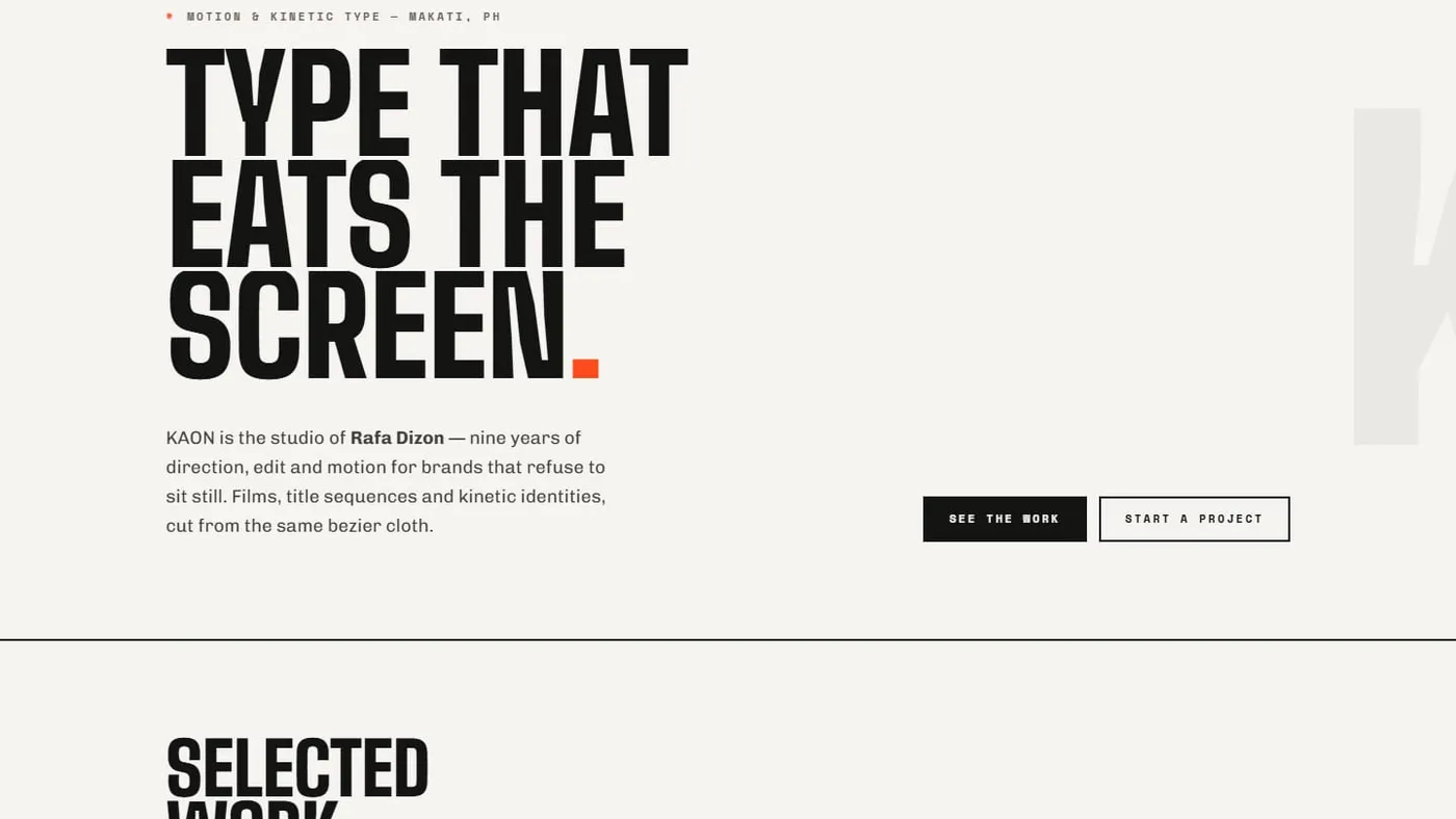The KAON homepage: oversized condensed type reading "Type that eats the screen." on a near-black poster layout.