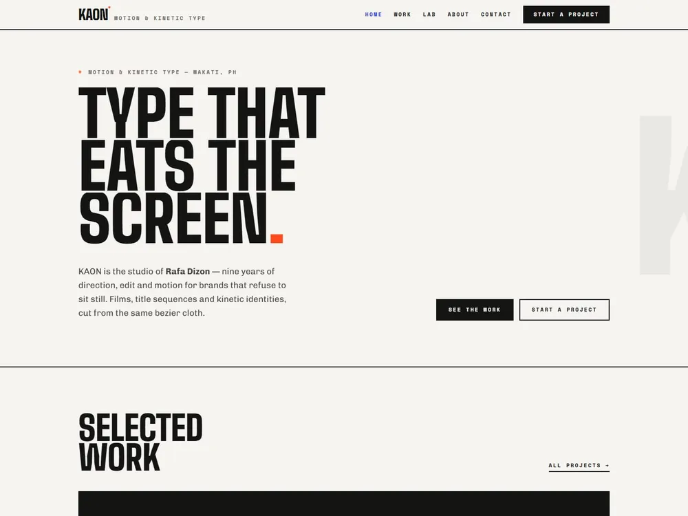 The KAON homepage: oversized condensed type reading "Type that eats the screen." on a near-black poster layout.
