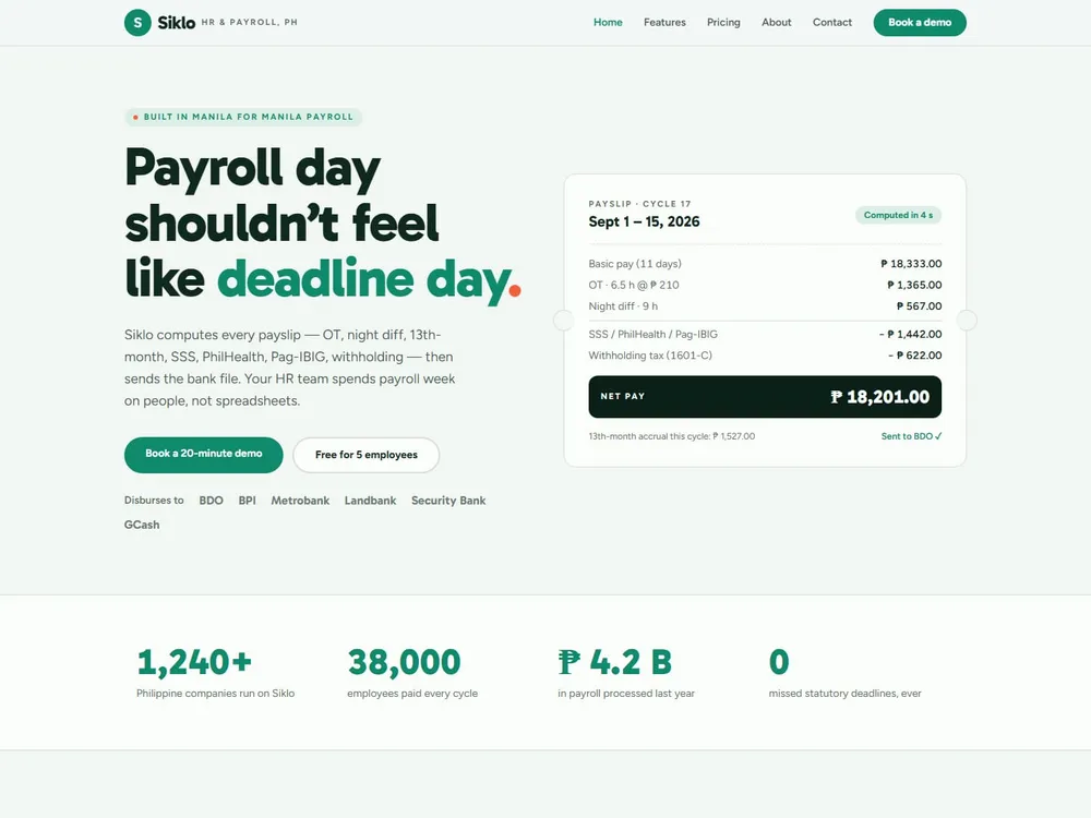 The Siklo homepage: a payslip mock beside the headline "Payroll day shouldn’t feel like deadline day."