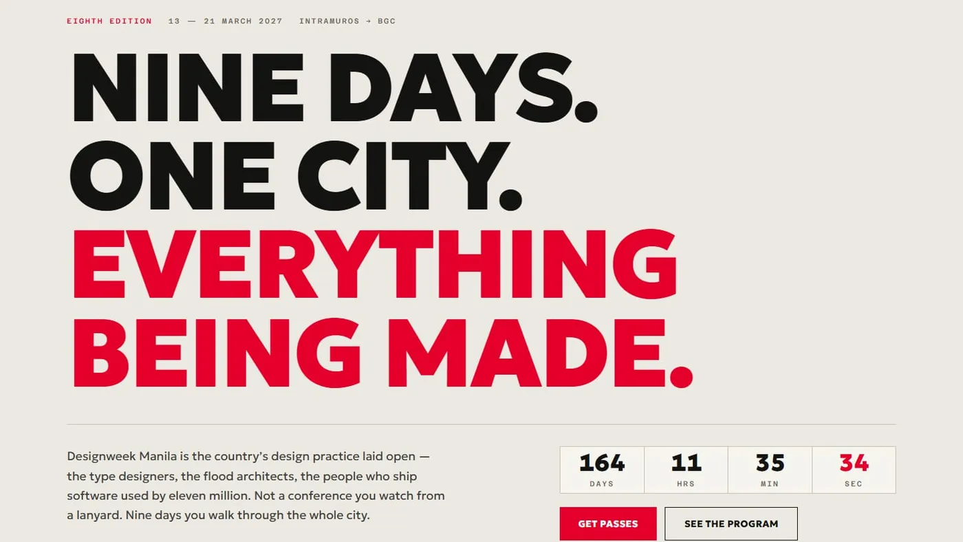 The Designweek Manila homepage: a civic-poster headline "Nine days. One city. Everything being made." above a countdown band in red.