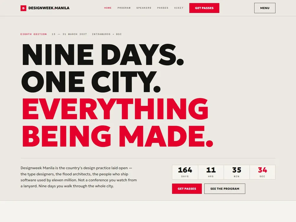 The Designweek Manila homepage: a civic-poster headline "Nine days. One city. Everything being made." above a countdown band in red.