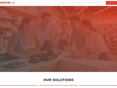 The abztrak.ph homepage: staff and customers at a retail counter with point-of-sale terminals under a red overlay, above the Our Solutions section.