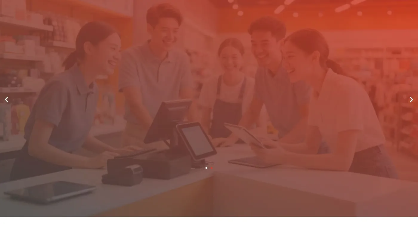 The abztrak.ph homepage: staff and customers at a retail counter with point-of-sale terminals under a red overlay, above the Our Solutions section.