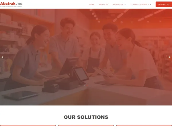 The abztrak.ph homepage: staff and customers at a retail counter with point-of-sale terminals under a red overlay, above the Our Solutions section.