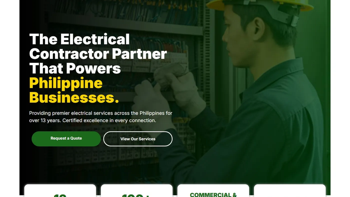 The arlpower.com homepage: a technician in a yellow hard hat working at an electrical panel beside the headline "The Electrical Contractor Partner That Powers Philippine Businesses".