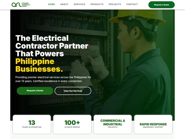 The arlpower.com homepage: a technician in a yellow hard hat working at an electrical panel beside the headline "The Electrical Contractor Partner That Powers Philippine Businesses".