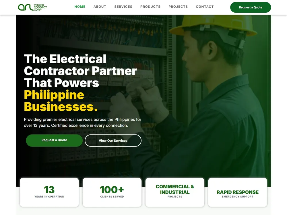 The arlpower.com homepage: a technician in a yellow hard hat working at an electrical panel beside the headline "The Electrical Contractor Partner That Powers Philippine Businesses".