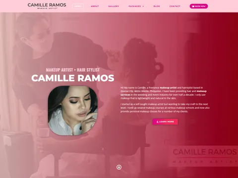 The camilleramos.com homepage: a pink-toned studio photograph behind the name Camille Ramos, makeup artist and hair stylist, with a client portrait and a Learn More button.