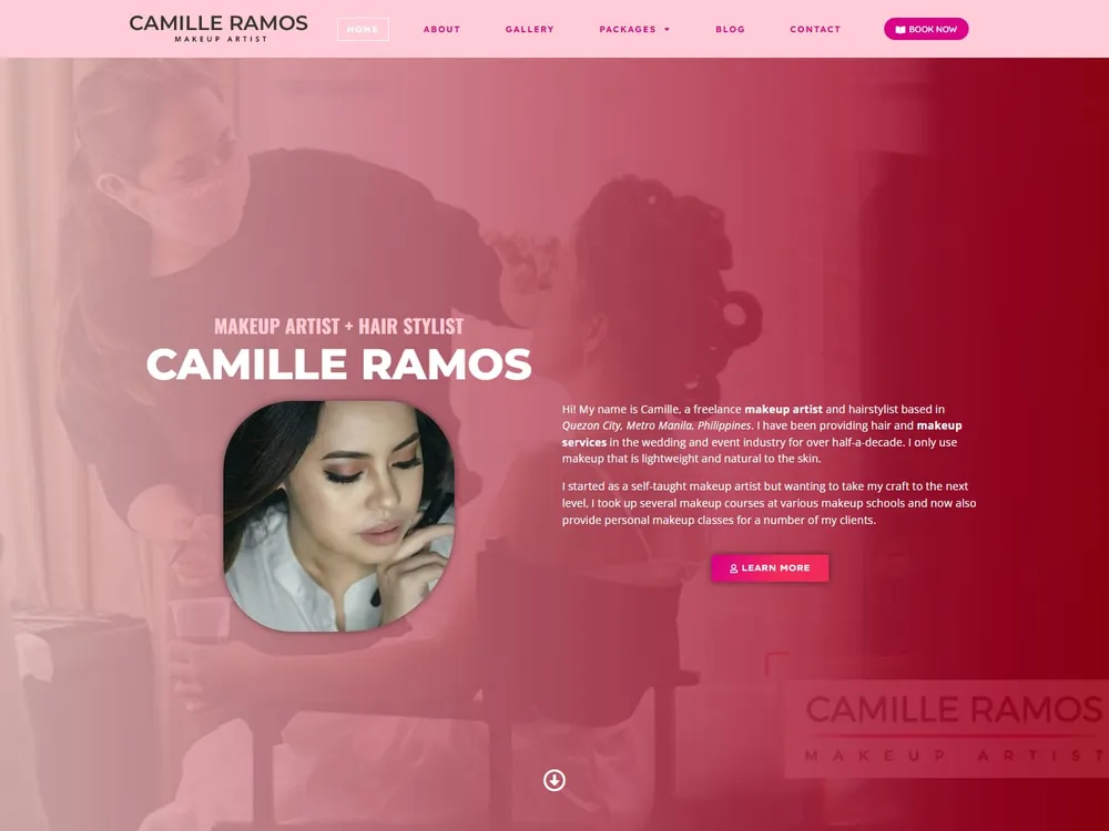 The camilleramos.com homepage: a pink-toned studio photograph behind the name Camille Ramos, makeup artist and hair stylist, with a client portrait and a Learn More button.