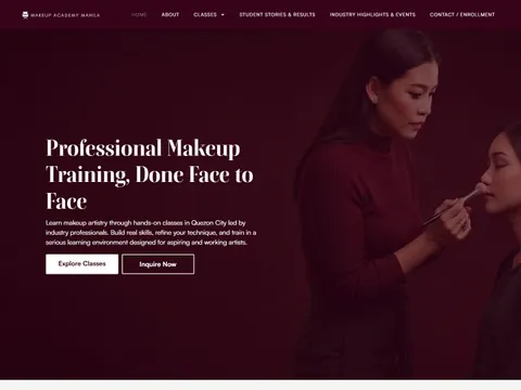The makeupacademymanila.com homepage: an instructor applying makeup to a client in a maroon-lit studio, beside the headline "Professional Makeup Training, Done Face to Face".