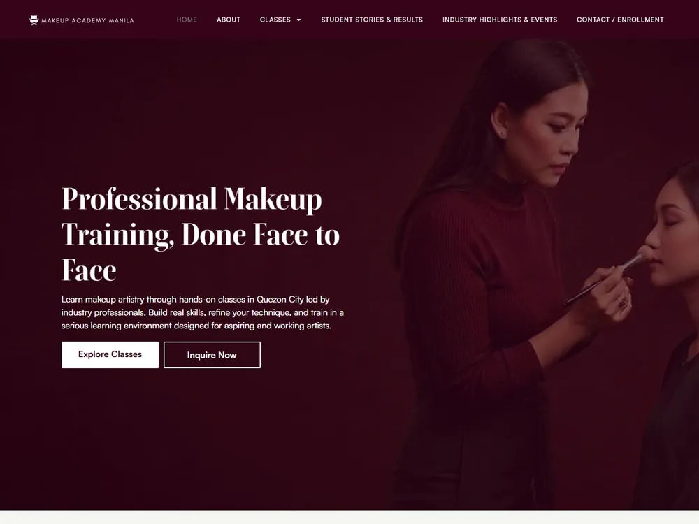 The makeupacademymanila.com homepage: an instructor applying makeup to a client in a maroon-lit studio, beside the headline "Professional Makeup Training, Done Face to Face".