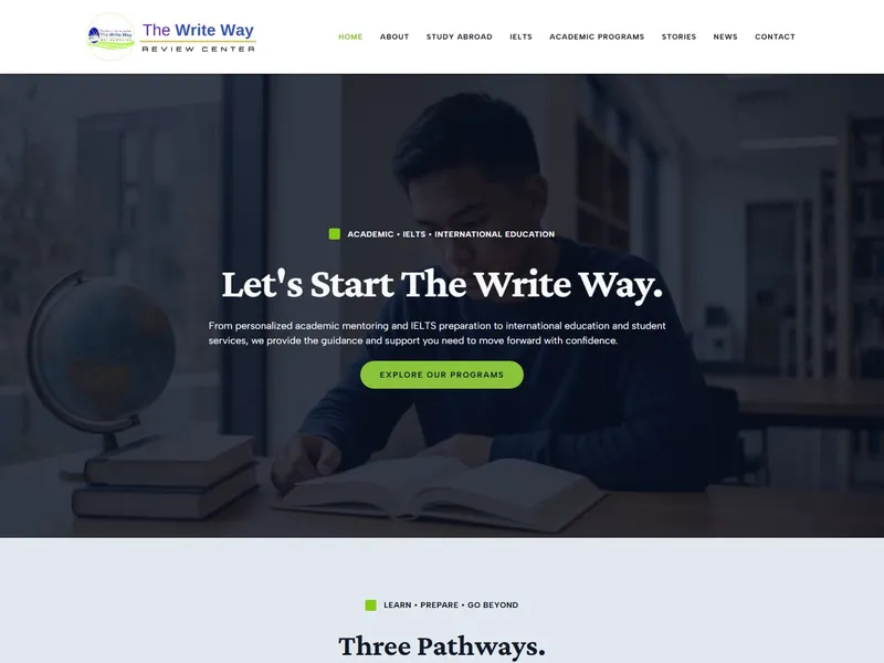 The thewritewayreviewcenter.com homepage: a student writing at a desk with a globe and stacked books, under the headline "Let's Start The Write Way".