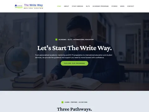 The thewritewayreviewcenter.com homepage: a student writing at a desk with a globe and stacked books, under the headline "Let's Start The Write Way".