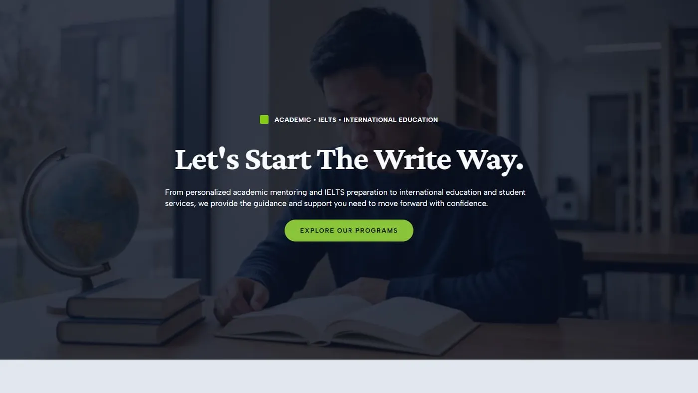 The thewritewayreviewcenter.com homepage: a student writing at a desk with a globe and stacked books, under the headline "Let's Start The Write Way".