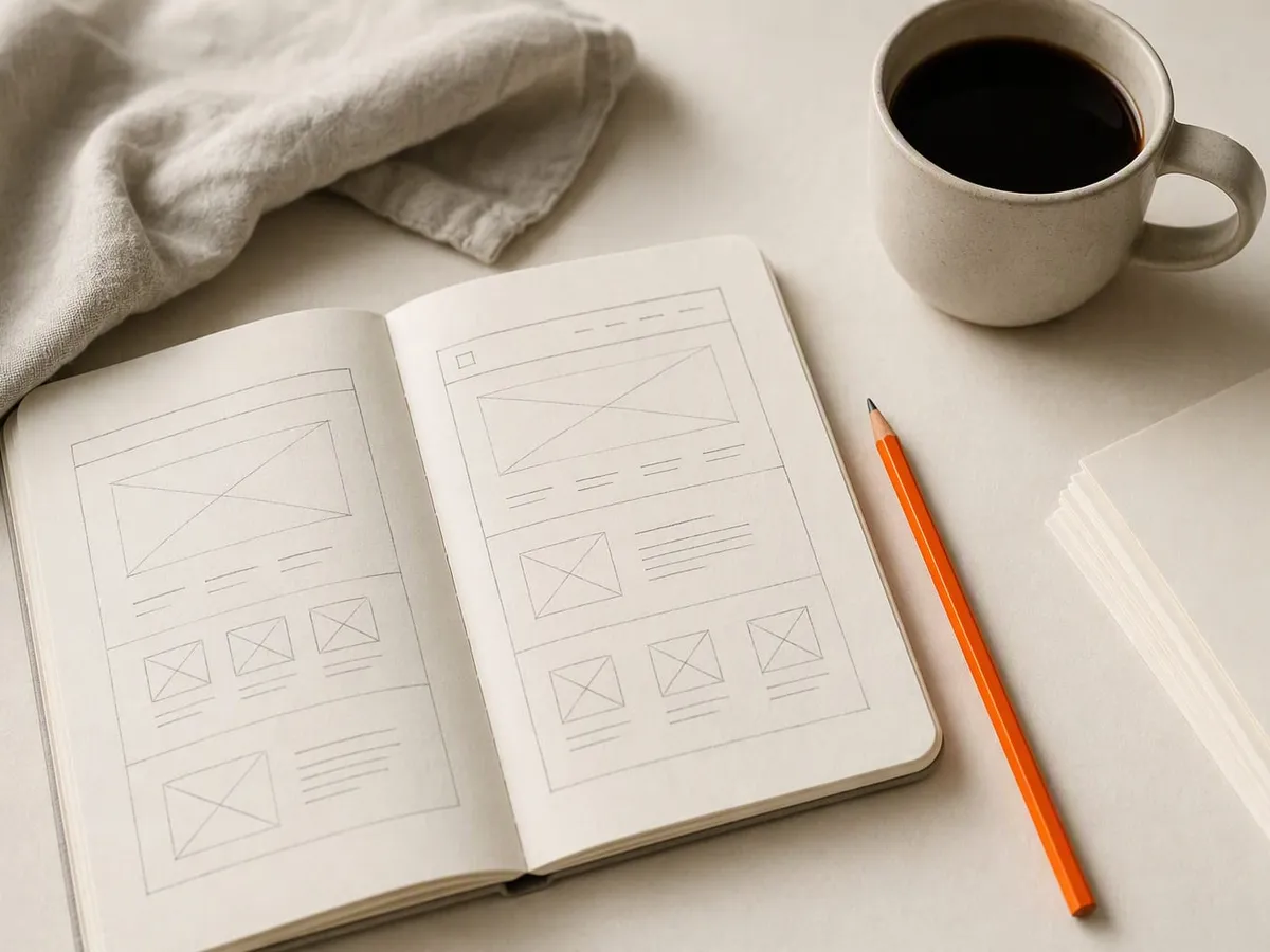 An open notebook holding hand-drawn website wireframes, with an orange pencil, a ceramic cup of coffee, and folded linen on a warm paper surface.