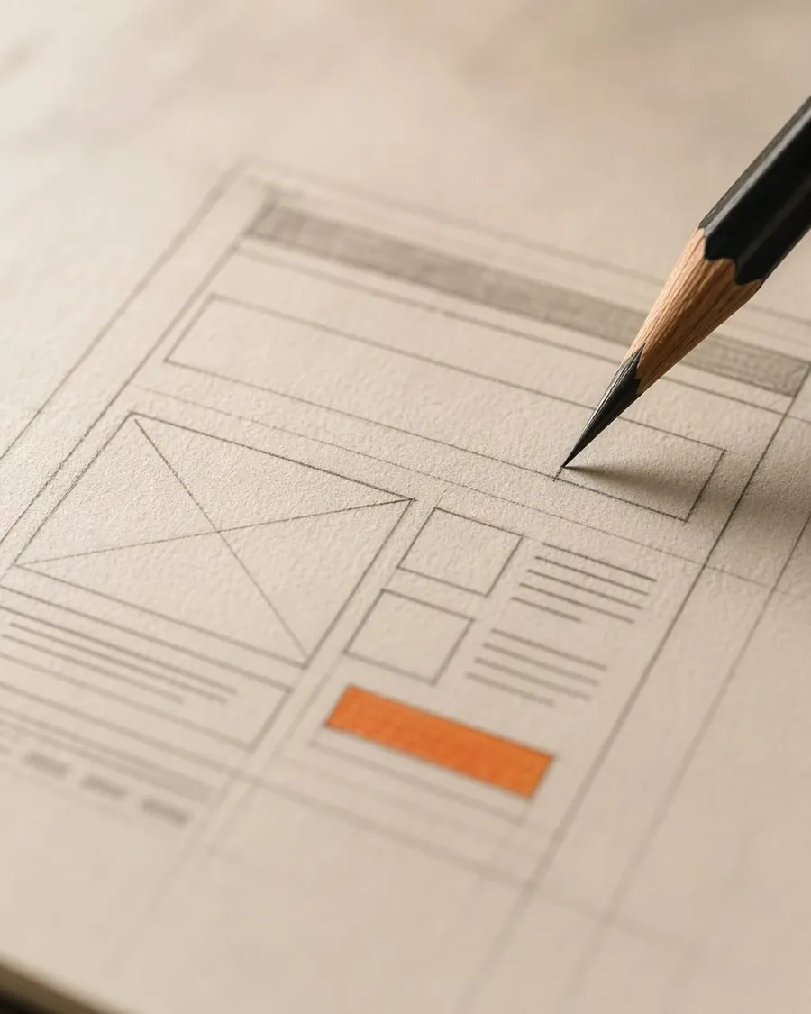 A pencil drawing a website layout grid on warm paper, with one small orange block marking the main call to action.